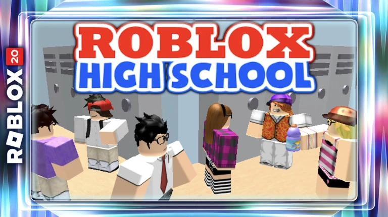 Roblox High School campus scene with students in the school hallway, from the official game banner